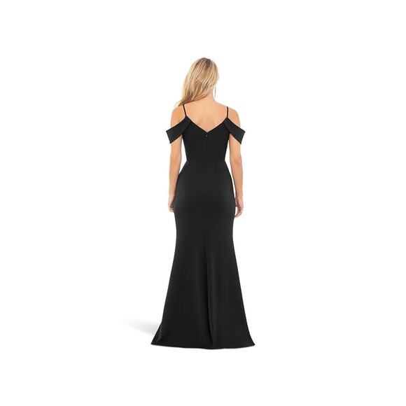 XSCAPE Women's Long Scuba Crepe Cold Shoulder Ruffle (Black) Dress Size 8 NWT - Picture 3 of 12